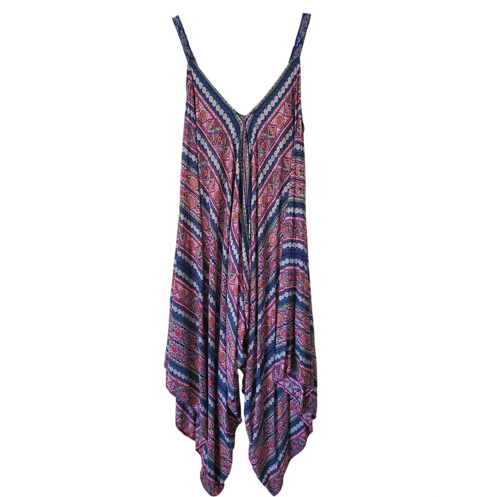 Angie‎ Womens Large Rayon Harem Jumpsuit Boho Paisley Print Blue Festival Hippie